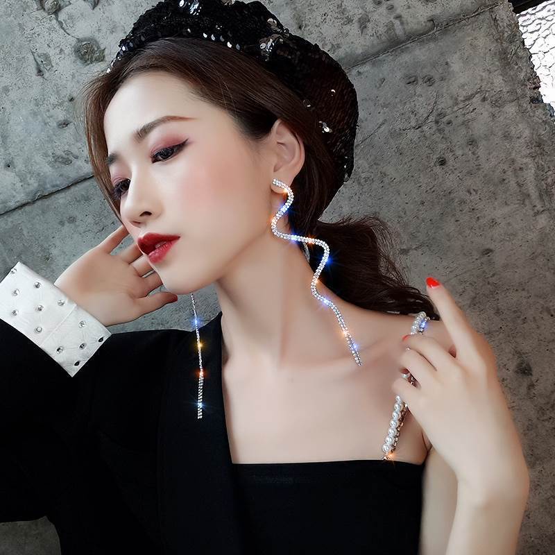 Khuyên Tai Tua Rua Dài Hình Rắn Đính Kim Cương Lấp Lánh Dễ Phối Đồ Phong Cách Hàn Quốc