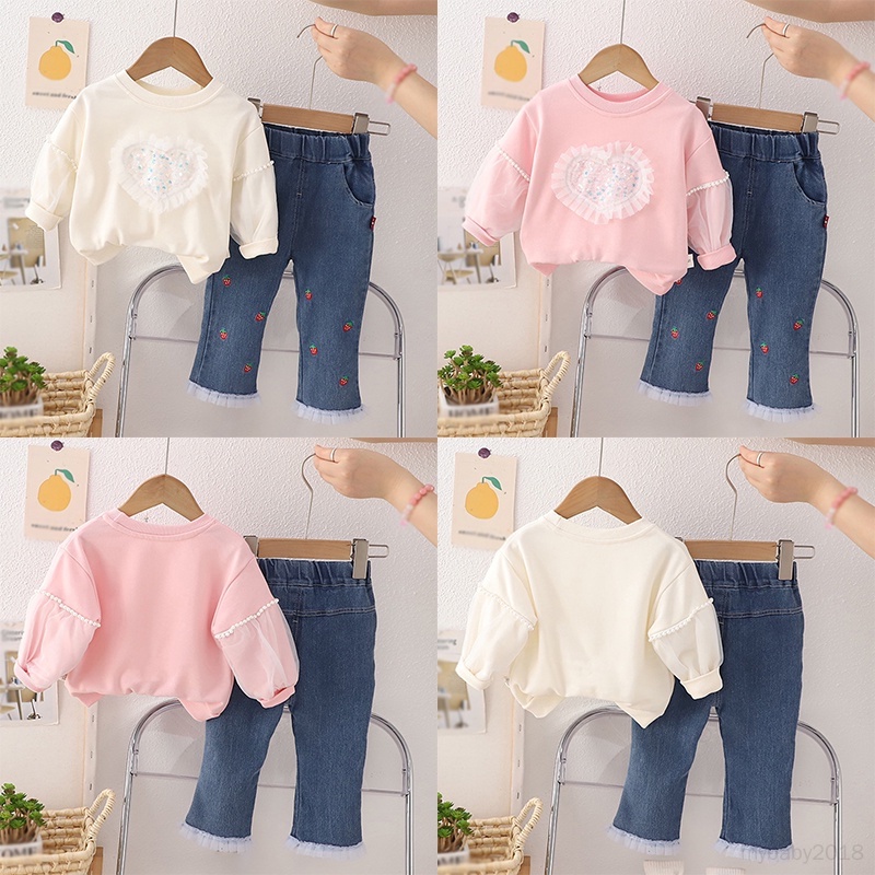 Set Đồ 2 Món Gồm Áo hoodie cotton Tay Phồng Đính Ngọc Trai + Quần Jean Lưng Thun Cho Bé Gái