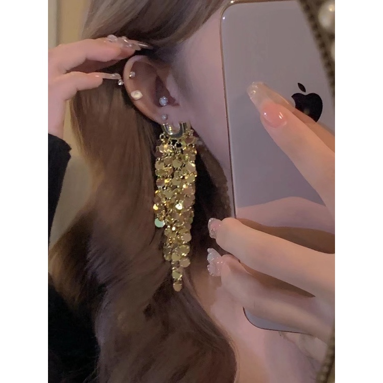 Bông Tai Kim Bạc Dáng Dài Tua Rua Phong Cách Âu Mỹ Sang Trọng Thời Trang Cho Nữ