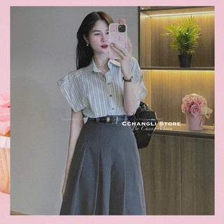Set 3 món áo sơ mi kẻ mix chân váy dài thô xếp ly kèm đai da
