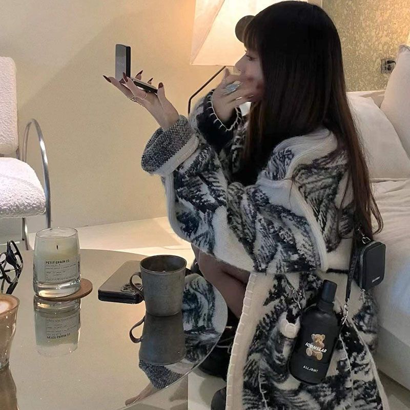 Áo Khoác cardigan jacquard Vải jacquard Áo Dệt Kim Dáng Rộng Thời Trang Cho Nữ