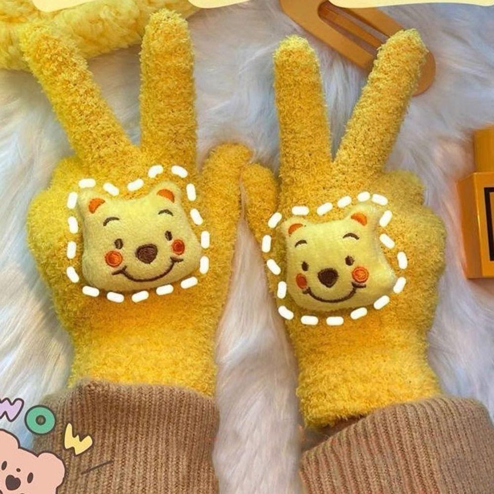 Găng Tay Lái Xe Năm Ngón Hình Gấu Bông Màu Trắng Ngà Hoạt Hình Dễ Thương Lông Cừu San Hô Đeo Ngón Tay Giữ Ấm Mùa Thu Đông