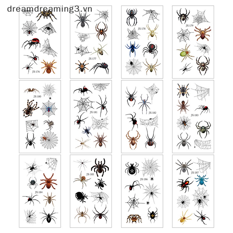 Set 12 Hình Xăm Dán Mặt Và Cơ Thể Hình Nhện Đen Trang Trí halloween