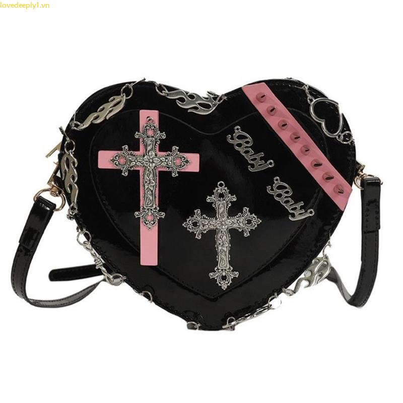 Túi Đeo Chéo Da pu Họa Tiết Trái Tim Phong Cách gothic Nhật Bản