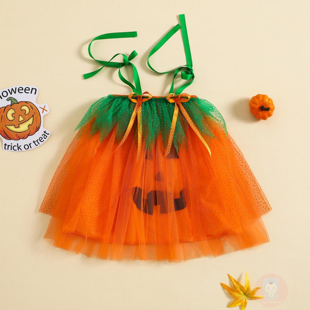 Laa6-đầm Vải Tuyn Không Tay Hình Bí Ngô halloween Kèm Túi Đựng Cho Bé Gái