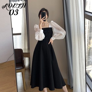 Đầm Lưới Cổ Vuông Tay Dài Màu Đen Phong Cách Pháp Thời Trang Xuân Thu Cho Nữ