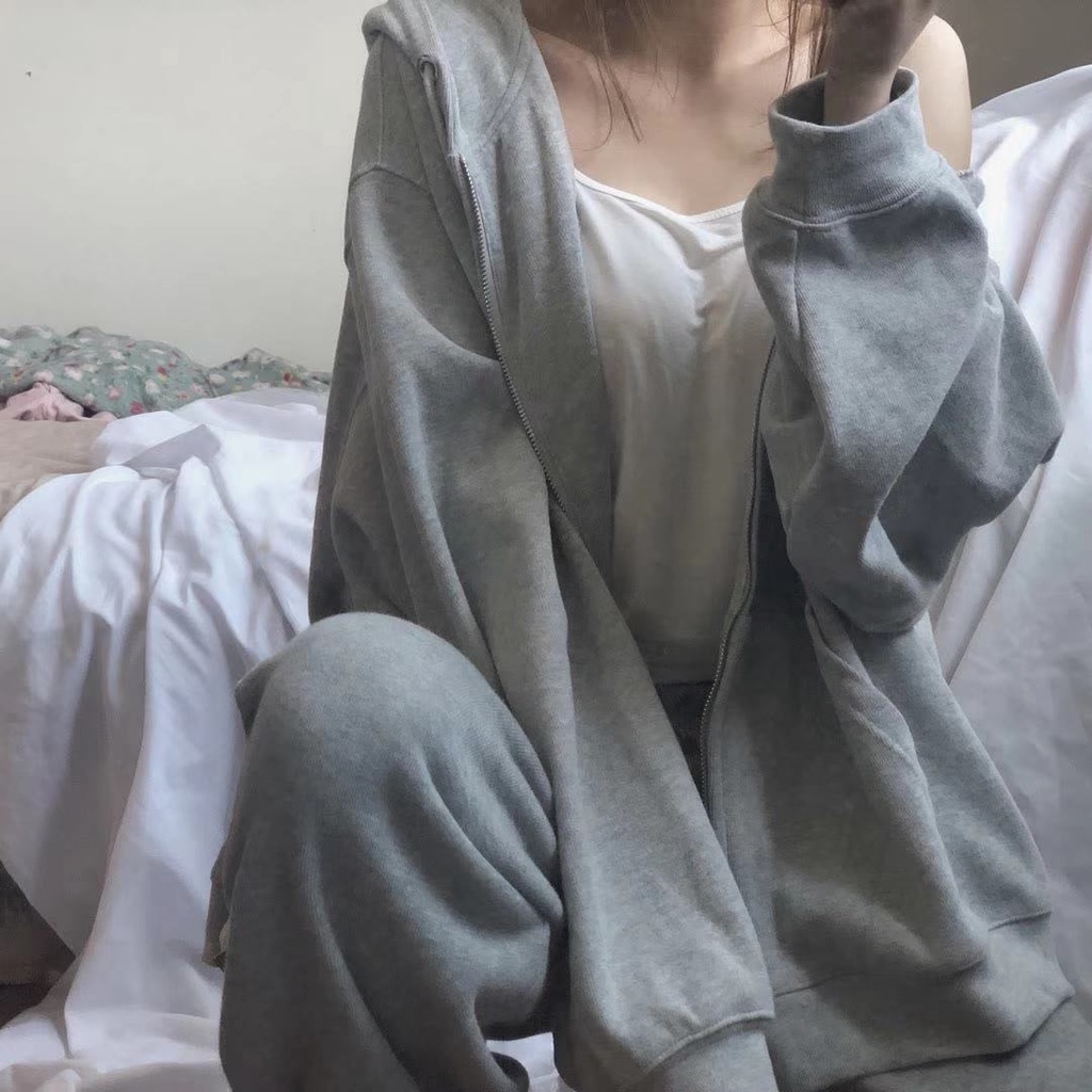 Áo Khoác cardigan Dáng Rộng Màu Đen / Xám Có Khóa Kéo Thời Trang Thu Đông Phong Cách Hàn Quốc Cho Cặp Đôi