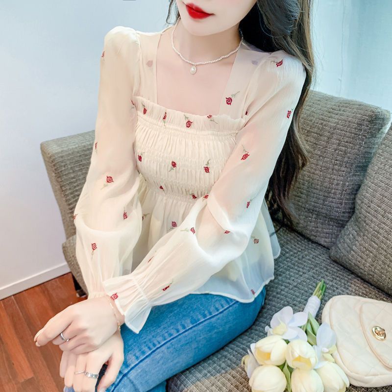 Áo Sơ Mi chiffon Tay Dài Cổ Vuông In Họa Tiết Thời Trang Mùa Thu Cho Nữ