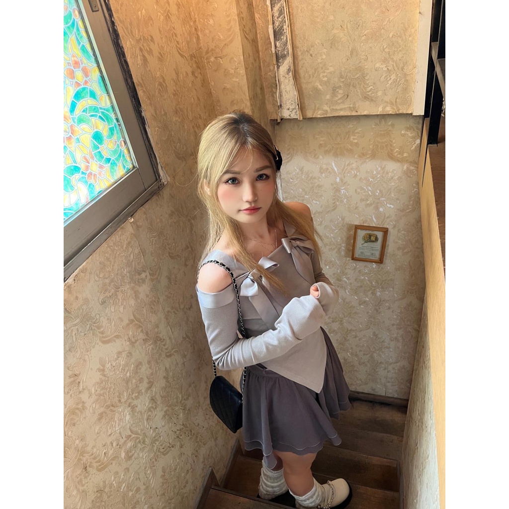 XIYUYI Áo Kiểu Ba Lê Ôm Dáng Tay Dài Hở Vai Phối Ruy Băng Nơ Cho Nữ