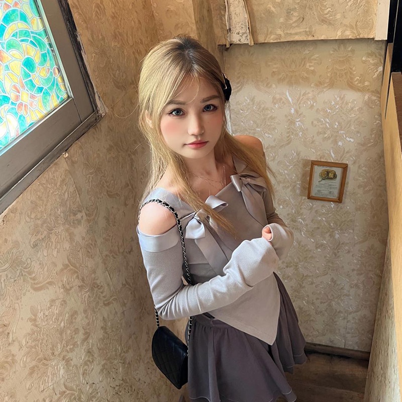 Zhu xia Áo Thun Tay Dài Lệch Vai Phối Ruy Băng Thắt Nơ Dành Cho Nữ