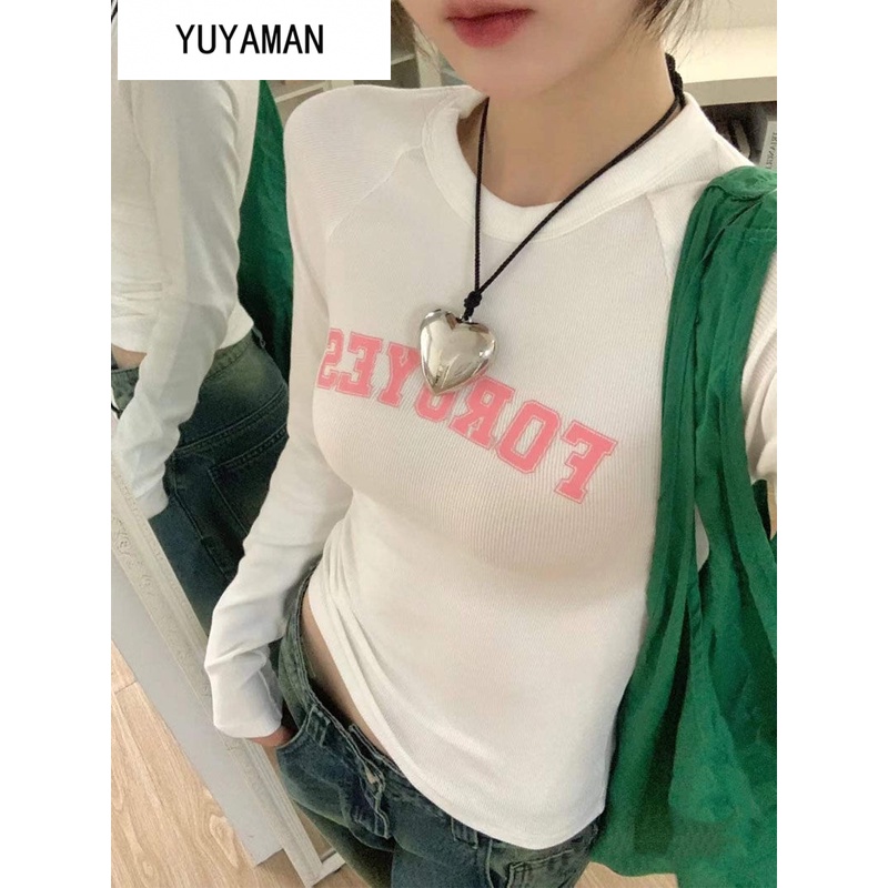 YUYAMAN Áo phông áo croptop Áo thun dài tay kiểu Mỹ Vintage Slim áo thun nữ croptop baby tee Thời trang hàn quốc A29J2H5 36Z230904