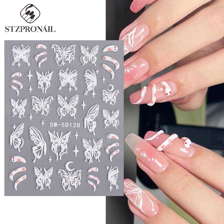 Miếng Dán Trang Trí Móng Tay 5d Họa Tiết Bướm / Rắn / Ngôi Sao Màu Trắng Đen Phong Cách Dân Tộc