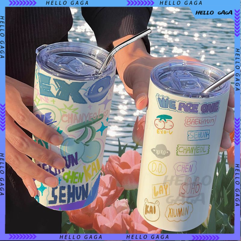 Cartoon cup🥤 Cốc Cà Phê Hình Cầu exo Bằng Thép Không Gỉ Có Ống Hút Cầm Tay Cao Cấp Thời Thượng Cho Nữ