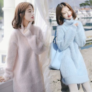 【Hàng Có Sẵn, Bán Chạy Váy len nữ dáng trung dài mùa thu đông, Áo len nữ kiểu Hàn rộng thoải mái tay dài, Áo len nữ giả lông chồn cỡ lớn thoải mái, Áo len nữ cổ cao tay dài áo liền váy thoải mái.