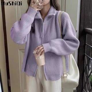 Mushiqi Áo sweater Cổ Đứng Phối Khóa Kéo Đôi Phong Cách Hàn Quốc Cho Nữ