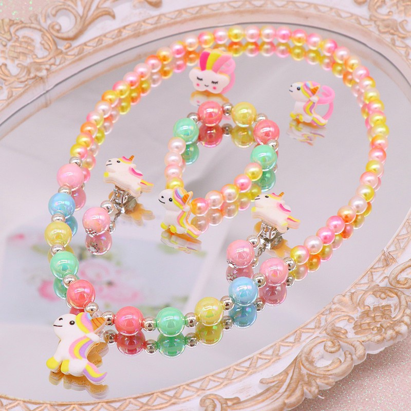 Bộ Trang Sức 8 Món Họa Tiết Kỳ Lân Cầu Vồng Hoạt Hình Dễ Thương Cho Bé Gái