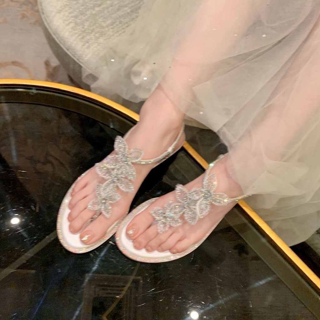 Giày Sandal Xỏ Ngón Đế Bằng Quai Ren Đính Đá Thời Trang Mùa Hè 2023