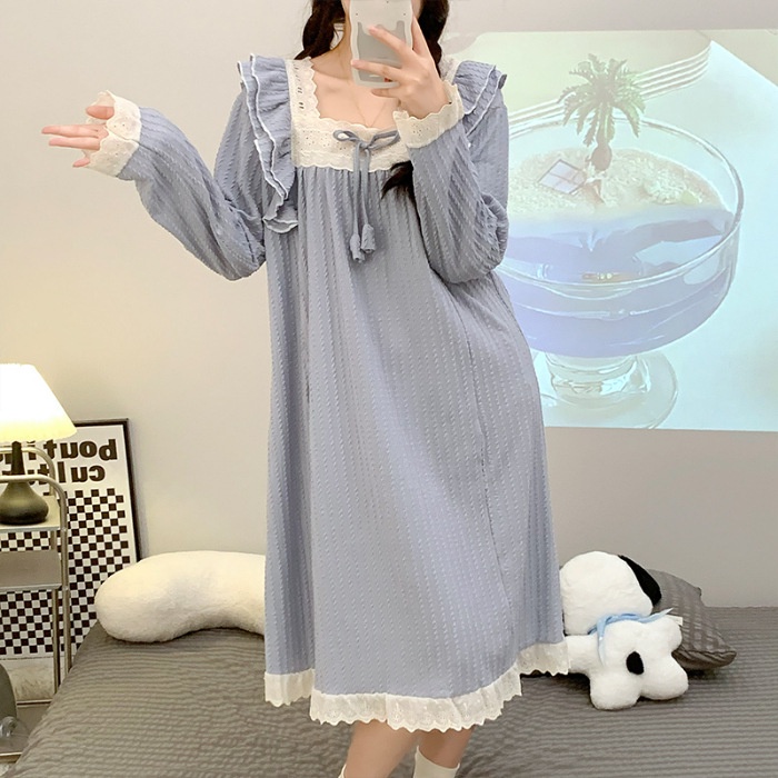 Đầm Ngủ Tay Dài Phối Ren Đơn Giản Phong Cách Công Chúa Hàn Quốc Thời Trang Xuân Thu Hàng Mới Dành Cho Bạn Nữ HXVN1015