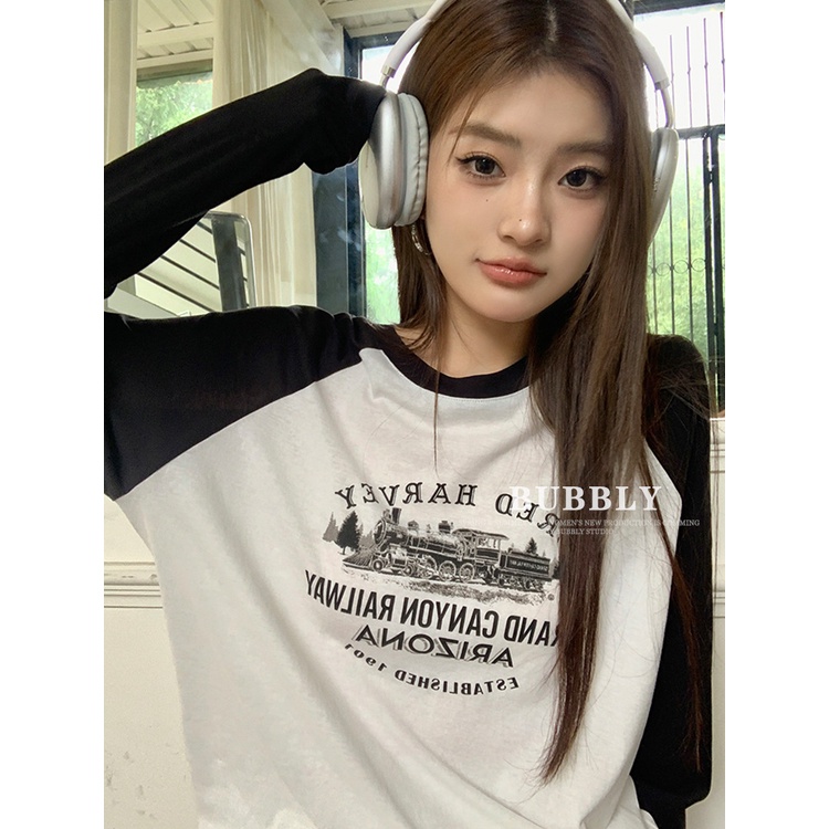 Áo Thun Tay Dài Cổ Tròn In Chữ Màu Sắc Tương Phản Thời Trang Thu Đông Cho Nữ