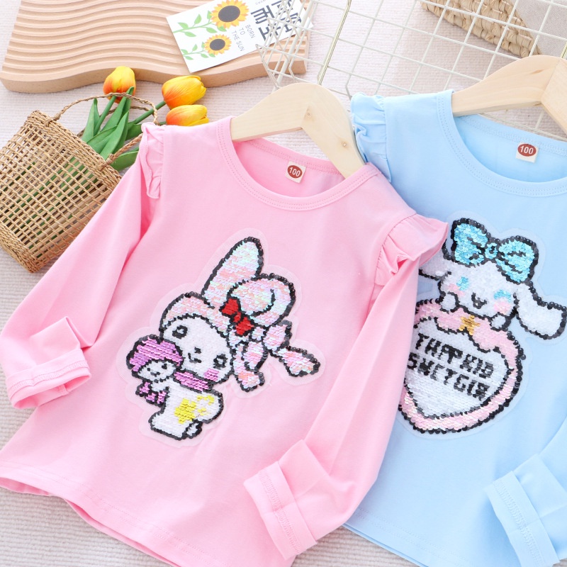 Áo Thun cotton Tay Dài Đính Kim Sa Thay Đổi Màu Sắc Họa Tiết Hoạt Hình Dành Cho Bé Gái
