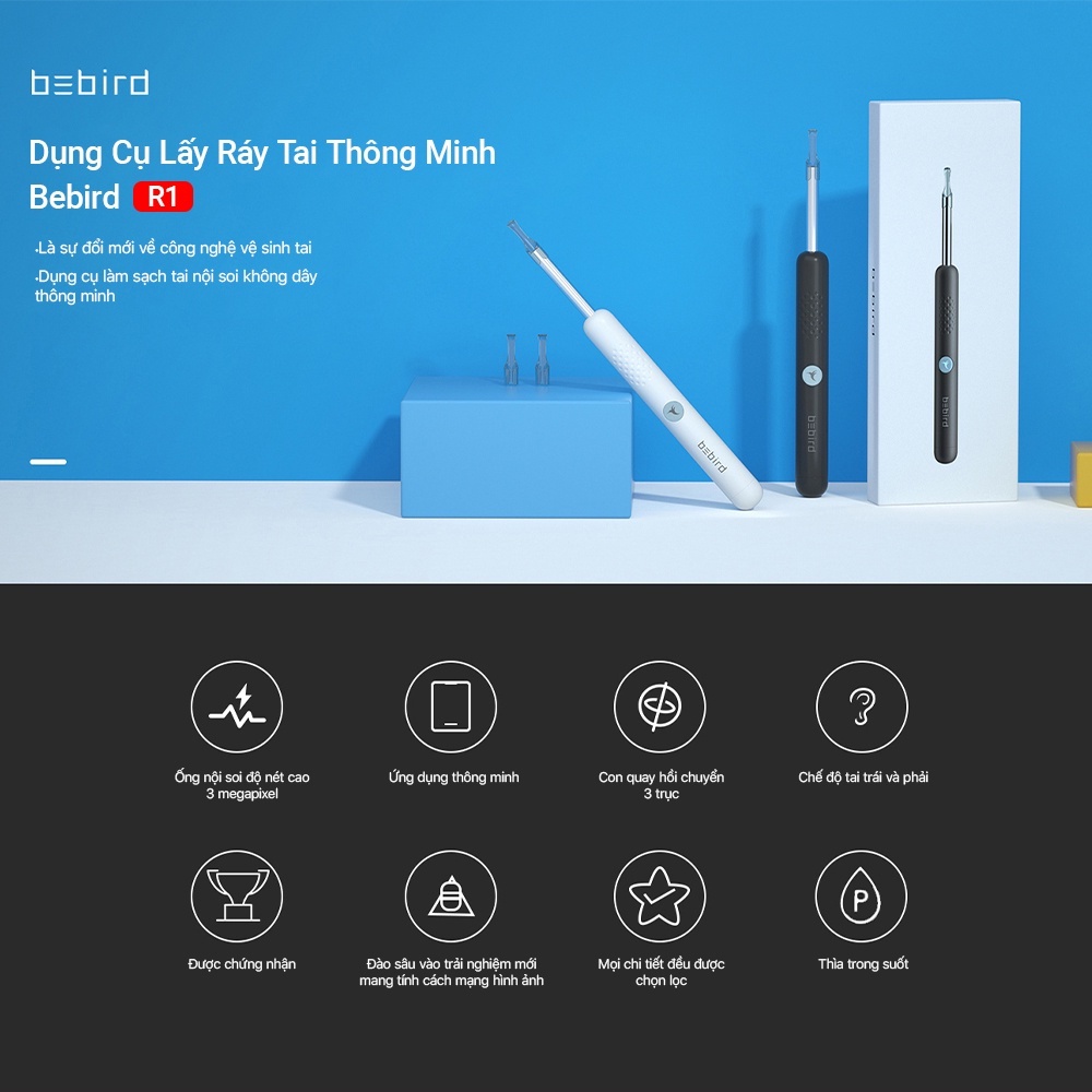 Dụng cụ lấy ráy tai thông minh Bebird R1 có camera Hình ảnh HD 3 MP không dây vệ sinh sạch lỗ tai - Chính Hãng