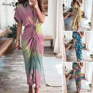 Đầm maxi Tay Ngắn Cổ Bẻ In Họa Tiết Hoa Thời Trang Xinh Xắn Cho Nữ