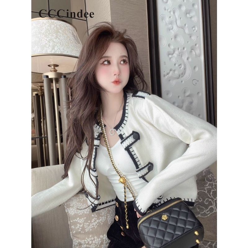 Cccindee Áo Khoác cardigan Tay Dài Phối Màu Tương Phản Thời Trang 2023 Cho Nữ