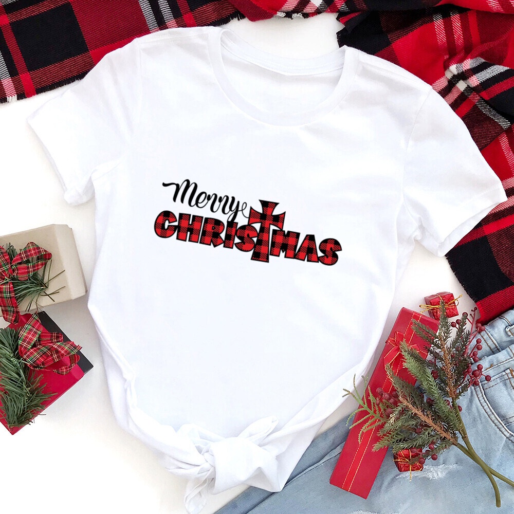 Thời Trang Áo Thun Tay Ngắn Màu Trắng In Hình Bông Tuyết Giáng Sinh Dễ Thương Cho Nữ