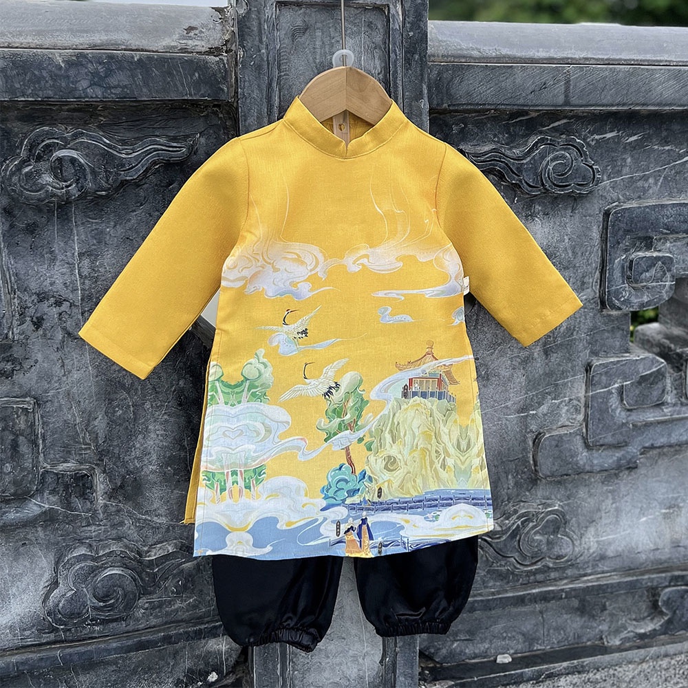 Set áo dài bé trai in Hạc Vân Sơn chất taffta nhũ kèm quần bo lai cách tân gọn gàng MamLa