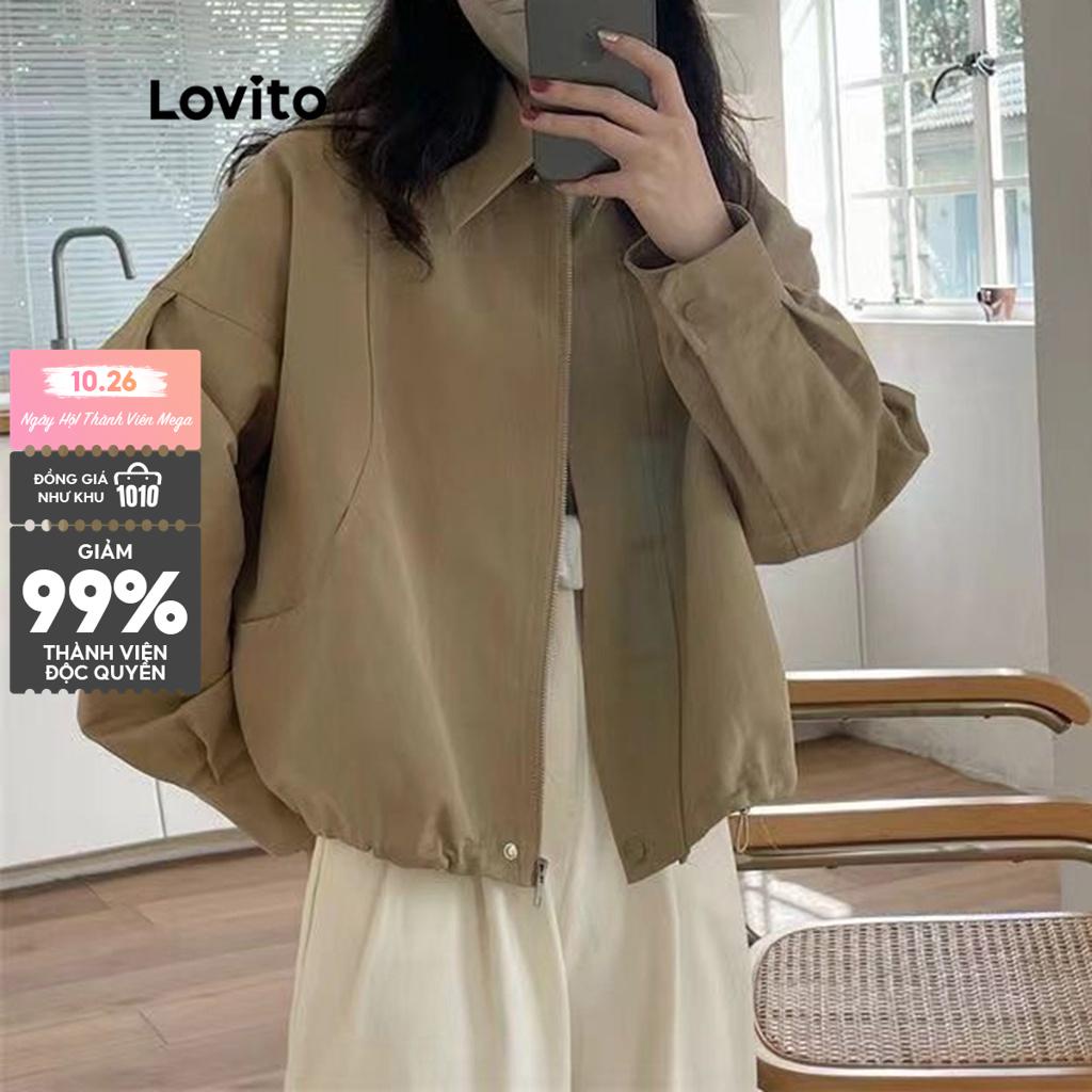 Áo khoác Lovito dây rút khóa zip màu trơn thường ngày cho nữ LNA09313 (màu kaki)