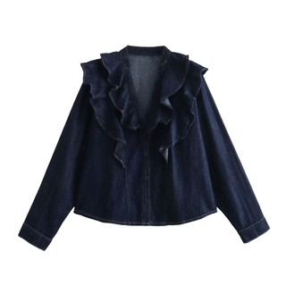 Áo sơ mi denim dài tay cổ chữ v phối bèo nhún nữ tính 7918 jvtv