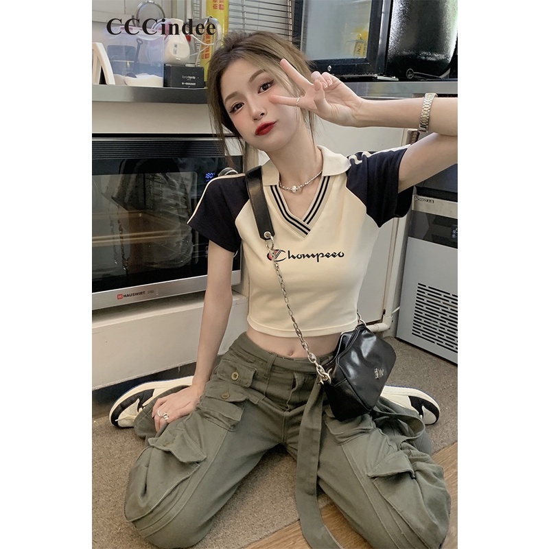 Áo Thun Polo Tay Ngắn Cổ Chữ V Dáng Ôm Phối Màu Tương Phản Thời Trang 2023 Cho Bạn Gái