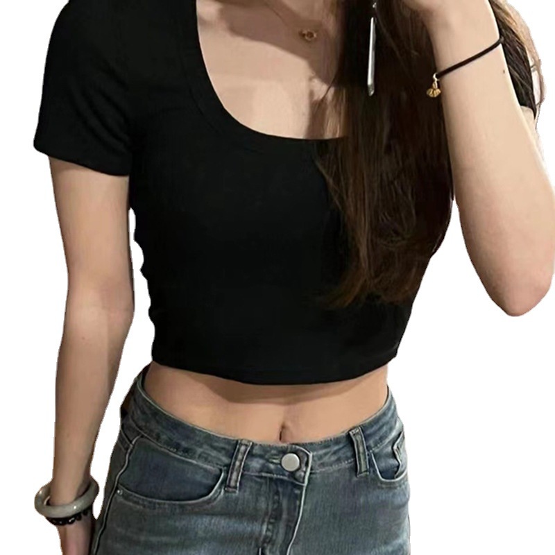 Áo Thun Tay Ngắn Cổ Chữ u Màu Trơn Dáng Ôm Thời Trang Mùa Hè Dành Cho Bạn Nữ