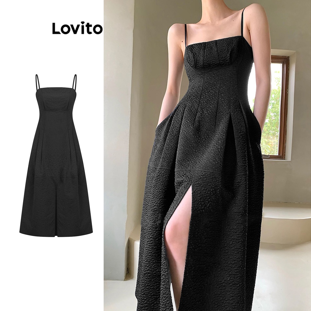 Lovito Đầm Jacquard xẻ tà họa tiết hoa thanh lịch cho nữ L71ED172 (Đen)