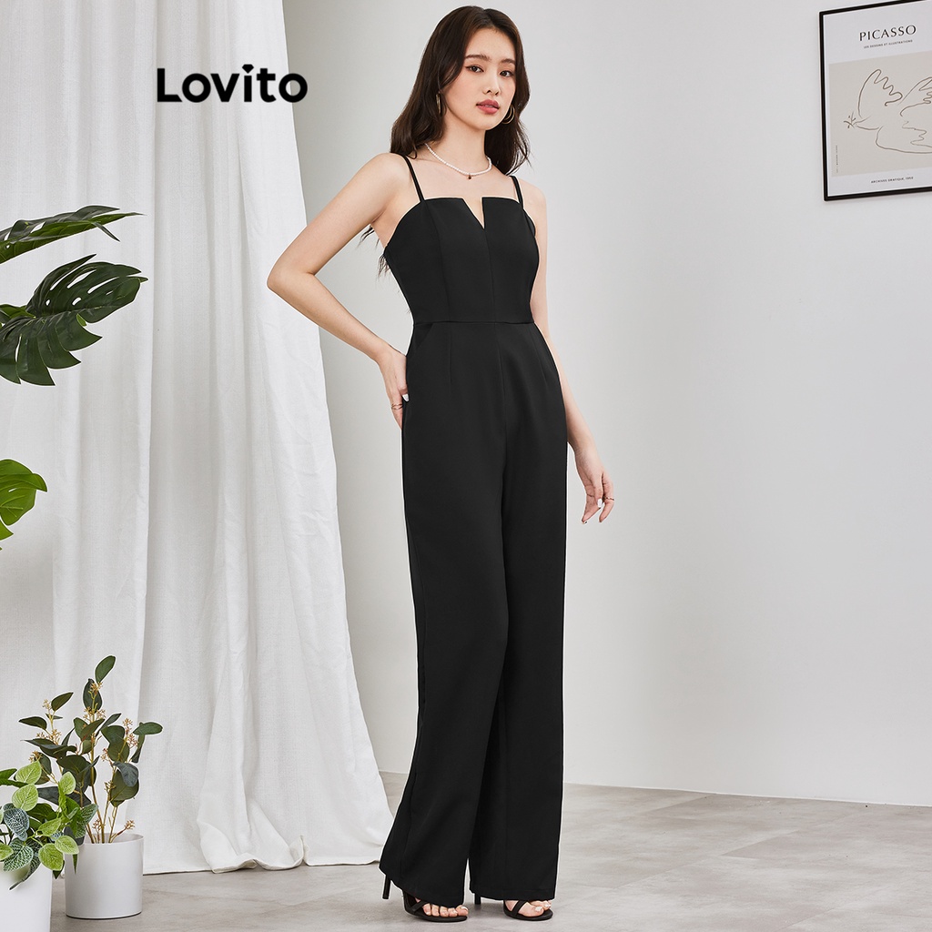 Jumpsuit Lovito cắt xẻ có túi màu trơn thanh lịch cho nữ L65ED192