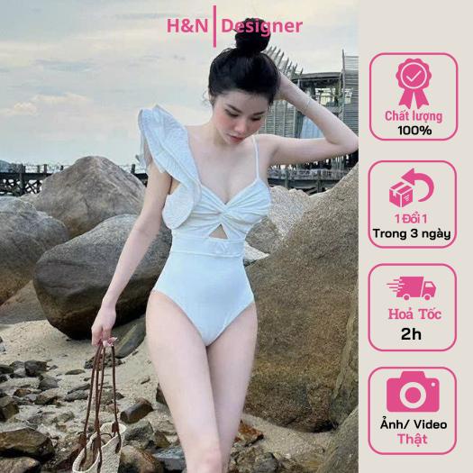 Bikini Liền Thân, Đồ Bơi Nữ 1 Mảnh Có Mút Ngực Phối Bèo Trắng Khoét Eo Sexy Đi Biển