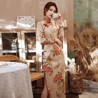 Sườn xám cải tiến cỡ lớn cho nữ váy sườn xám dài tay in họa tiết cổ điển hàng ngày cho năm mới