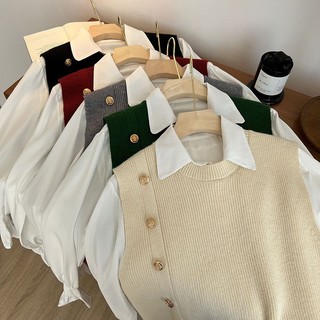 Set áo len không tay + áo sơ mi trắng thời trang dành cho nữ