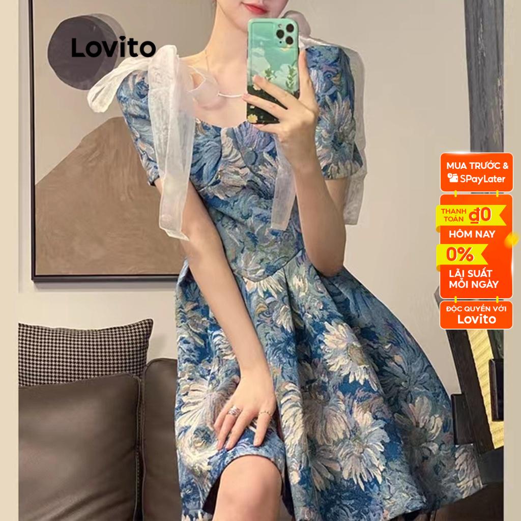 Đầm LOVITO mini dáng chữ A tay ngắn đính nơ họa tiết hoa đáng yêu dành cho nữ LNS03LD081 (nhiều màu sắc)