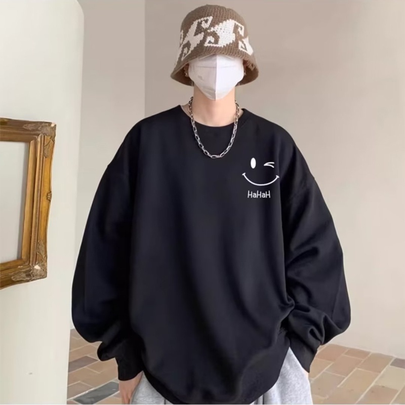 Áo Nỉ Tay Dài Cổ Tròn In Hình Mặt Cười Thời Trang Hàn Quốc Dành Cho Nam