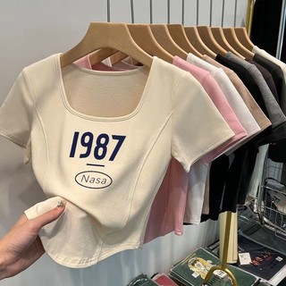Áo Thun Cotton Nguyên Chất Cổ Vuông Ngắn Tay Ôm Dáng Viền Cong Thiết Kế Xương Cá Hợp Thời Trang Cho Nữ