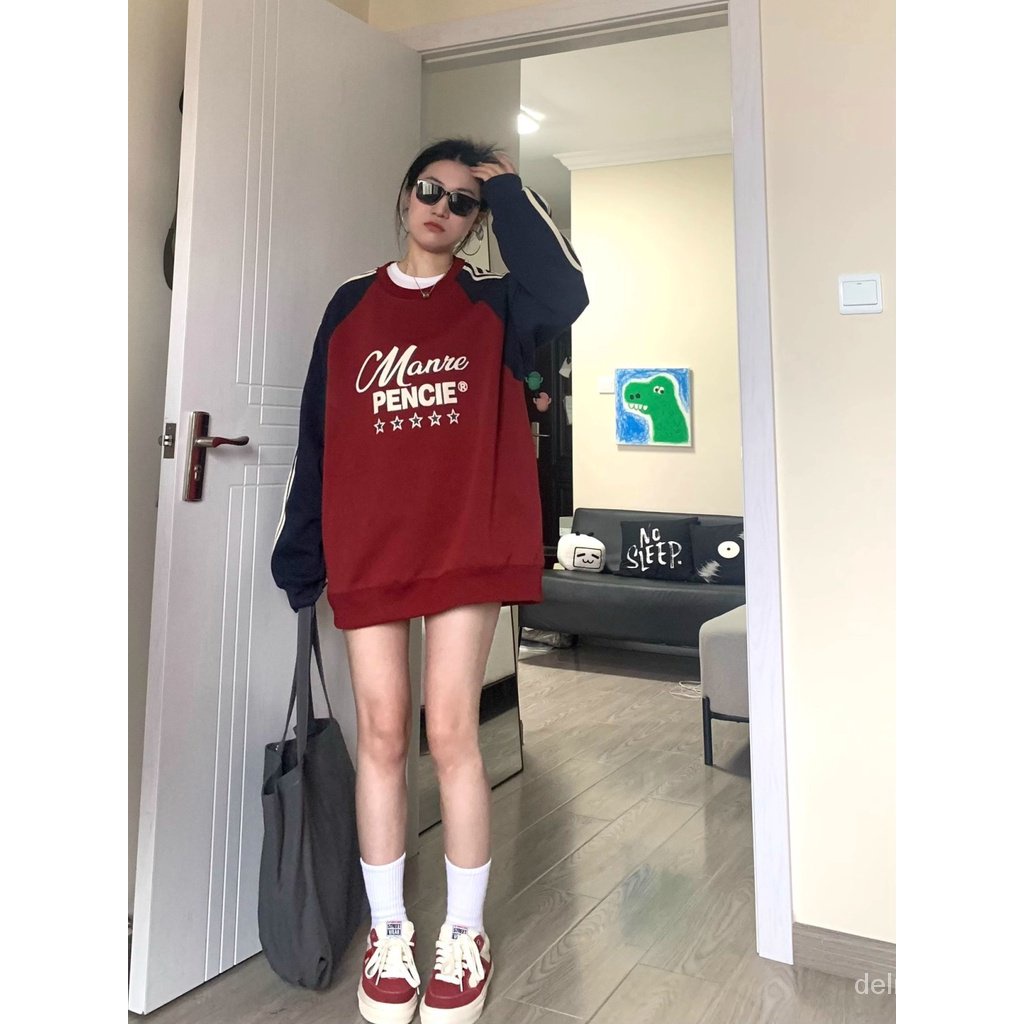 Áo Sweater Cổ Tròn Dáng Rộng In Chữ Màu Sắc Tương Phản Thời Trang Mùa Thu Cho Nữ