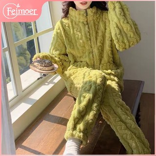 Feimoer Bộ Đồ Ngủ Chất Nhung Lông Cừu San Hô Dày Dáng Chữ A Có Khóa Kéo Thời Trang Thu Đông Mới Cho Nữ