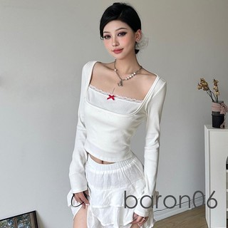 Áo croptop cổ vuông tay dài phối ren phong cách đường phố cho nữ