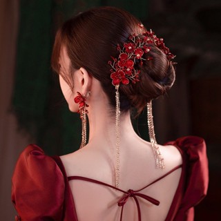 Cài tóc cô dâu hoa đỏ cài hai bên dây tua tua thả tặng kèm bông tai Giangpkc  Phụ kiện cưới Giang SP2224866