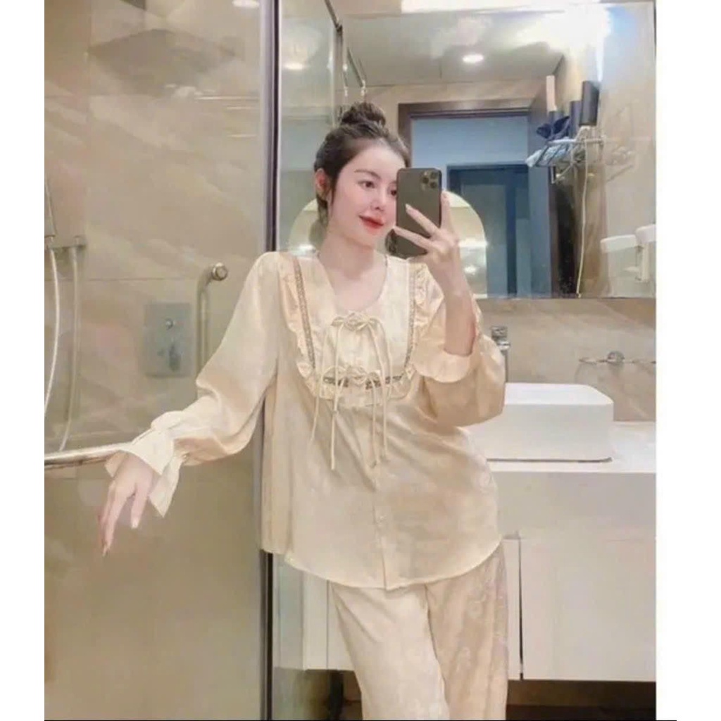 Pijama lụa gấm tiểu thư cho nữ - Bộ ngủ lụa mặc nhà cao cấp hàng quảng châu