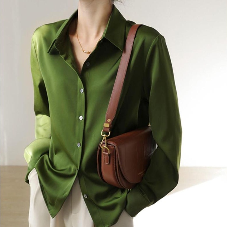 Mới Áo Sơ Mi Tay Dài Vải satin Dáng Rộng Phong Cách Pháp Thời Trang Sang Trọng Cho Nữ