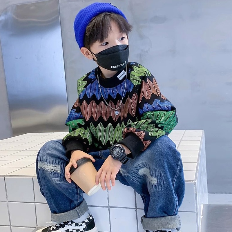 SUPER KIDS áo phông dài tay bé trai Áo Thun Dài Tay in Họa Tiết Hình Học Thời Trang Cho Nam