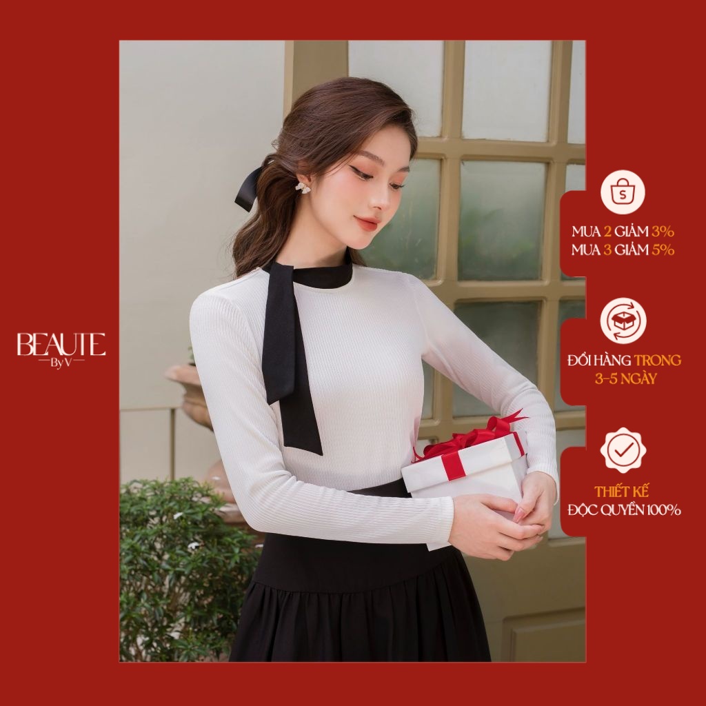 BEAUTEBYV - Áo len tăm nữ thắt nơ cổ cách điệu Etoile