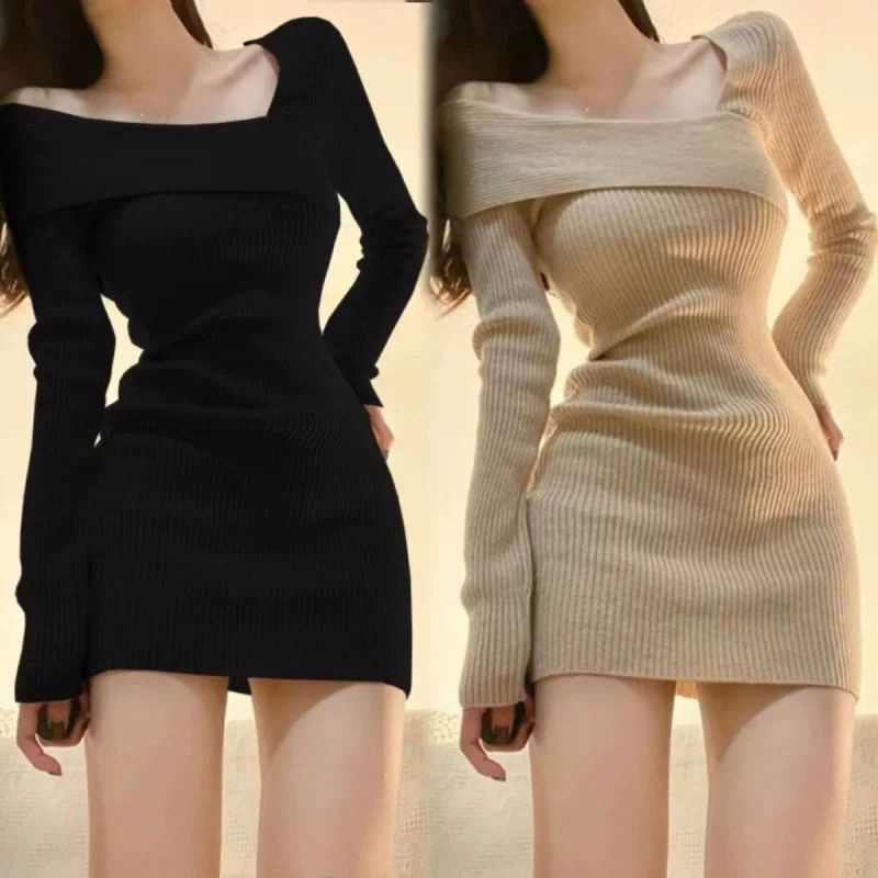 Váy dệt kim dài tay lệch vai cho nữ Váy ngắn quấn đáy mỏng